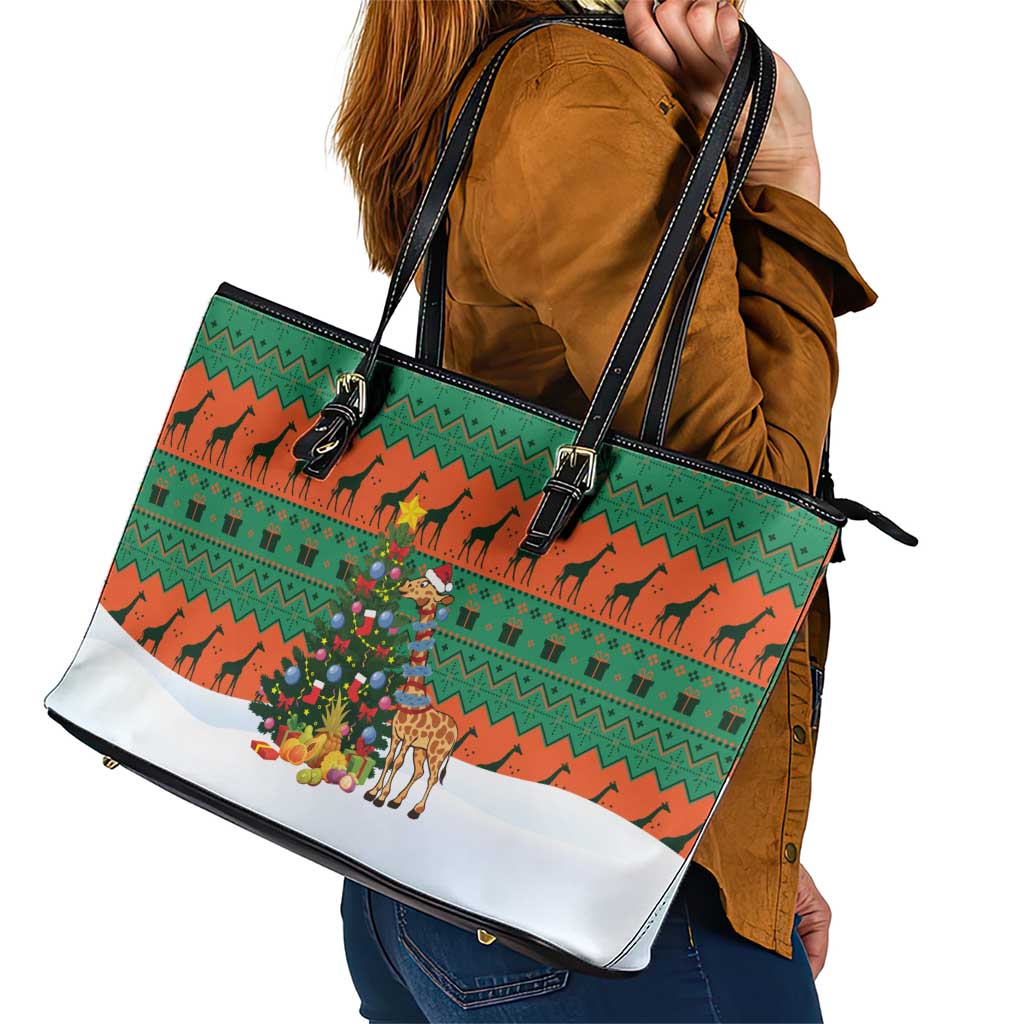 Giraffes Decorating Tree Gifts Leather Tote Bag with Orange Green Holiday Pattern Design - Wonder Print Shop