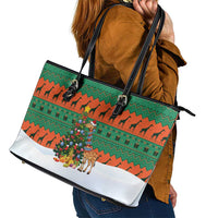 Giraffes Decorating Tree Gifts Leather Tote Bag with Orange Green Holiday Pattern Design - Wonder Print Shop