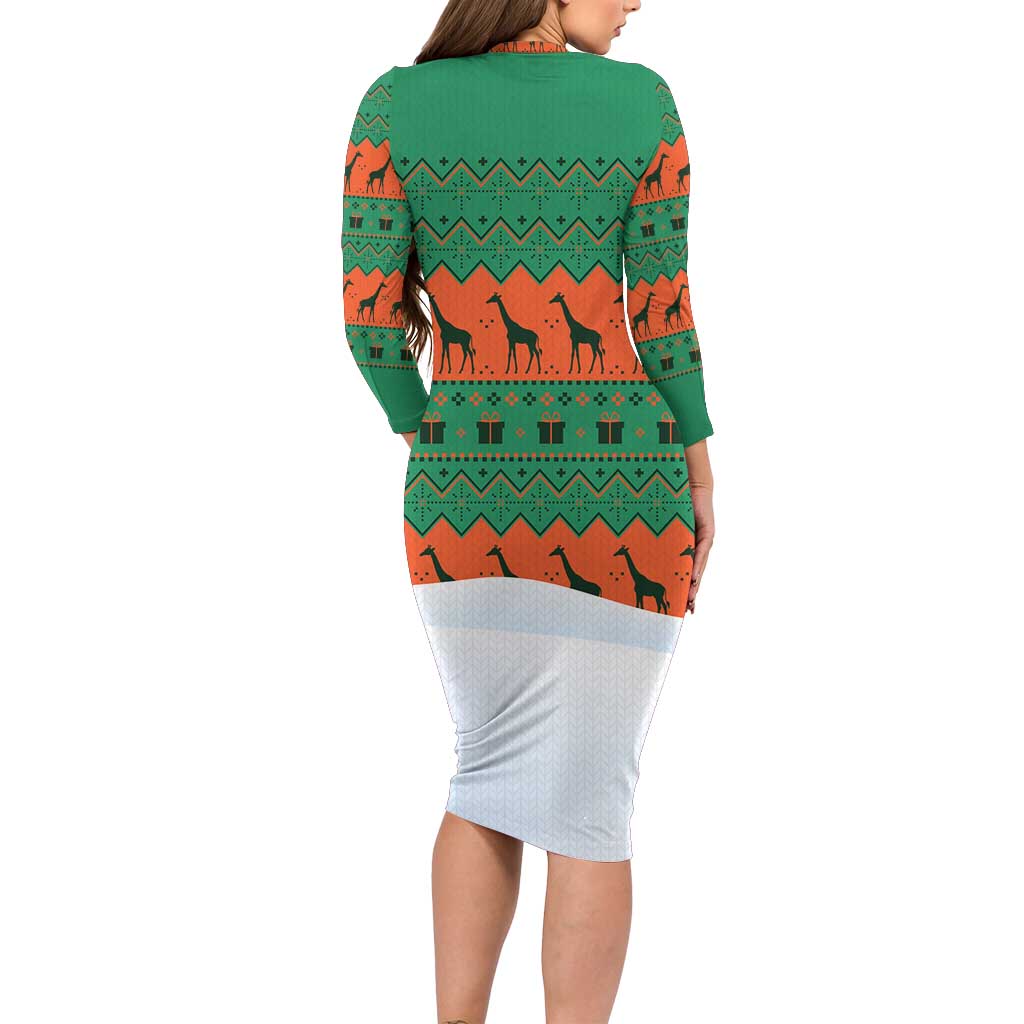 Giraffes Decorating Tree Gifts Long Sleeve Bodycon Dress with Orange Green Holiday Pattern Design - Wonder Print Shop