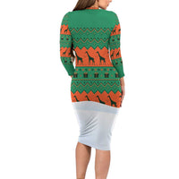 Giraffes Decorating Tree Gifts Long Sleeve Bodycon Dress with Orange Green Holiday Pattern Design - Wonder Print Shop