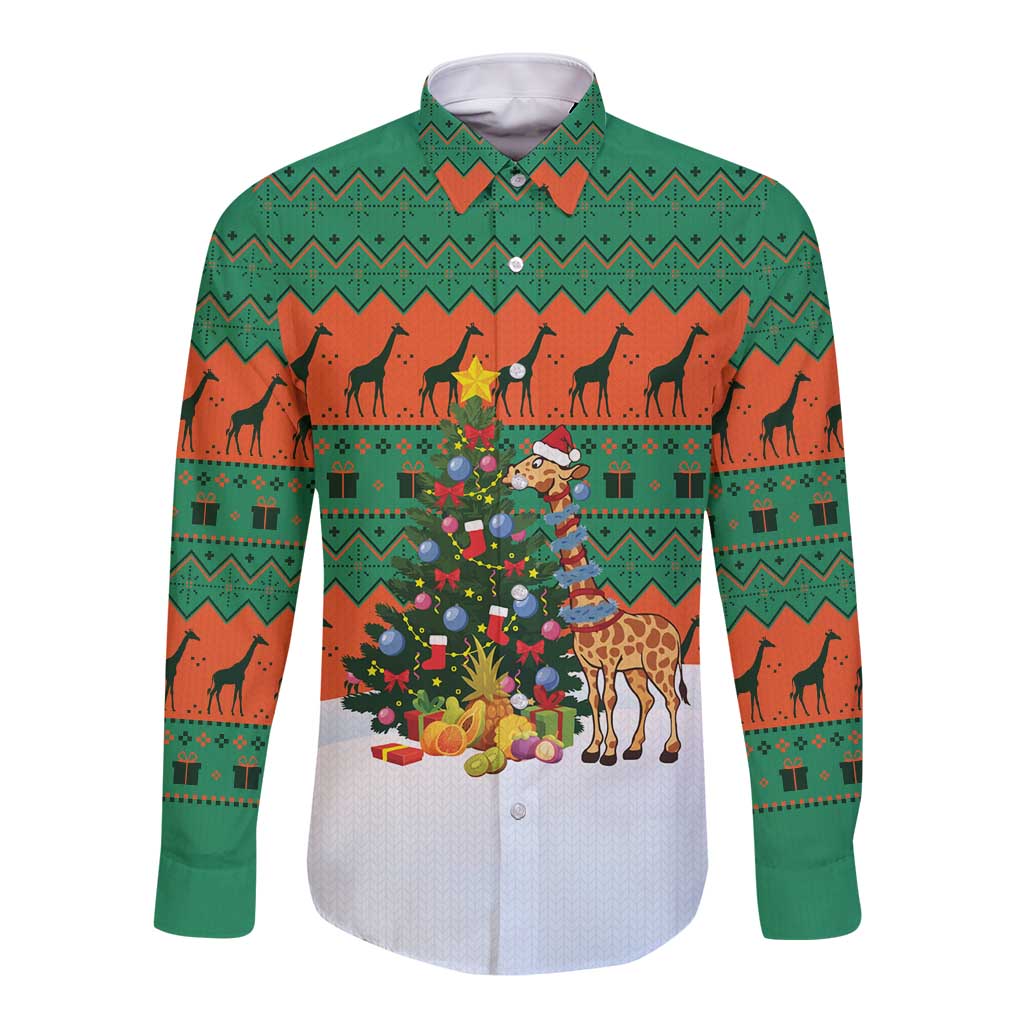 Giraffes Decorating Tree Gifts Long Sleeve Button Shirt with Orange Green Holiday Pattern Design - Wonder Print Shop