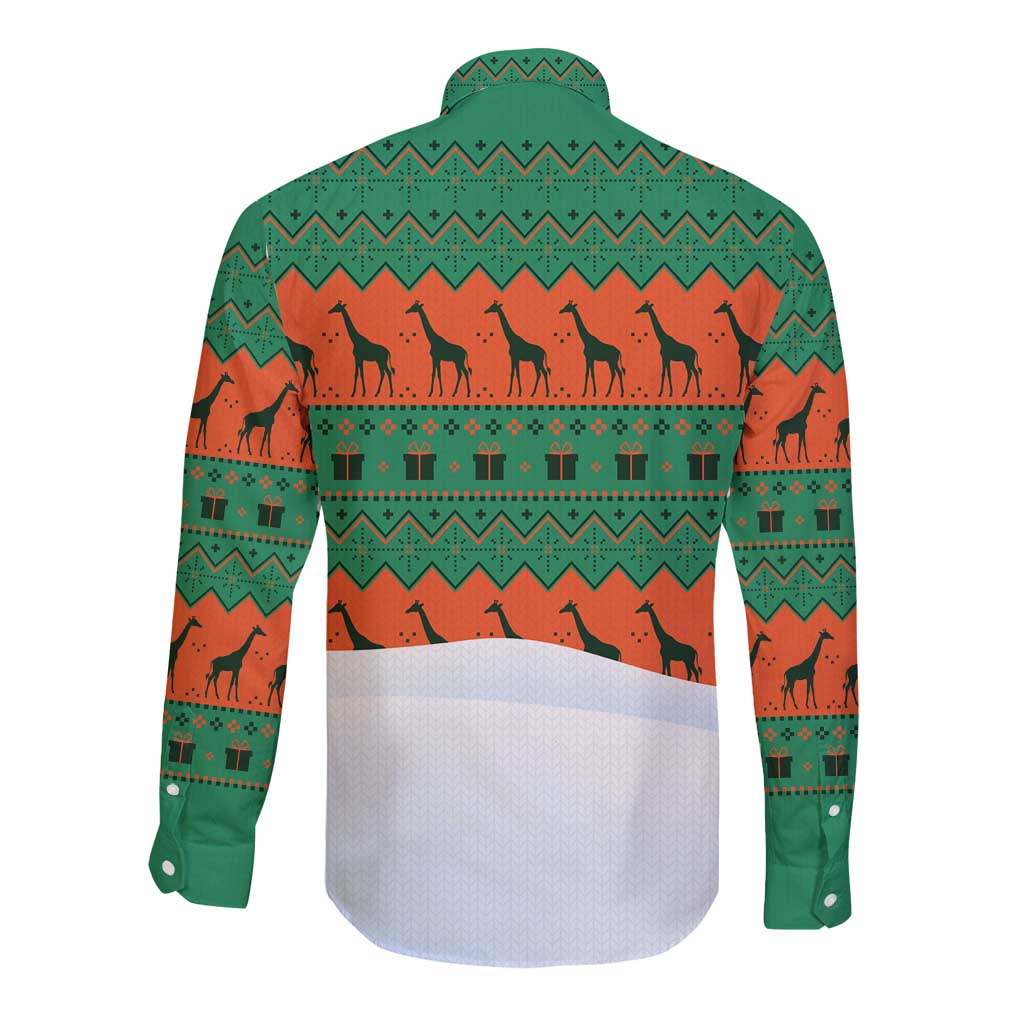 Giraffes Decorating Tree Gifts Long Sleeve Button Shirt with Orange Green Holiday Pattern Design - Wonder Print Shop