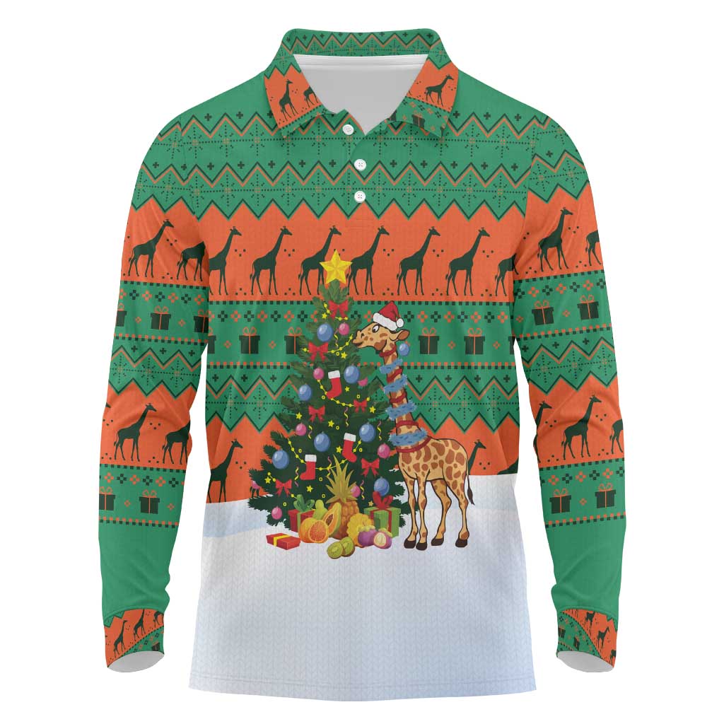 Giraffes Decorating Tree Gifts Long Sleeve Polo Shirt with Orange Green Holiday Pattern Design - Wonder Print Shop