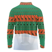 Giraffes Decorating Tree Gifts Long Sleeve Polo Shirt with Orange Green Holiday Pattern Design - Wonder Print Shop