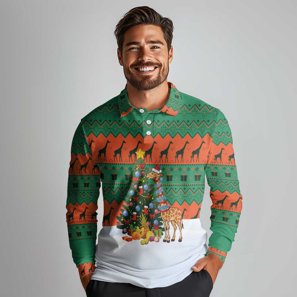 Giraffes Decorating Tree Gifts Long Sleeve Polo Shirt with Orange Green Holiday Pattern Design - Wonder Print Shop