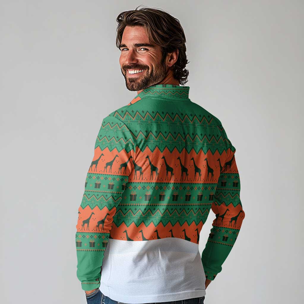 Giraffes Decorating Tree Gifts Long Sleeve Polo Shirt with Orange Green Holiday Pattern Design - Wonder Print Shop