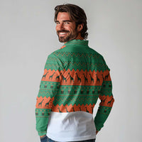 Giraffes Decorating Tree Gifts Long Sleeve Polo Shirt with Orange Green Holiday Pattern Design - Wonder Print Shop