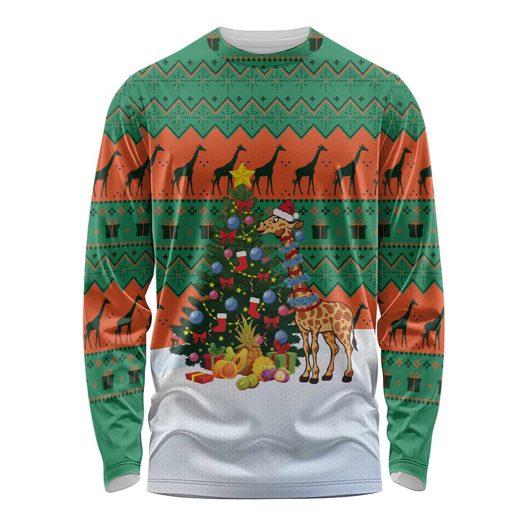 Giraffes Decorating Tree Gifts Long Sleeve Shirt with Orange Green Holiday Pattern Design - Wonder Print Shop