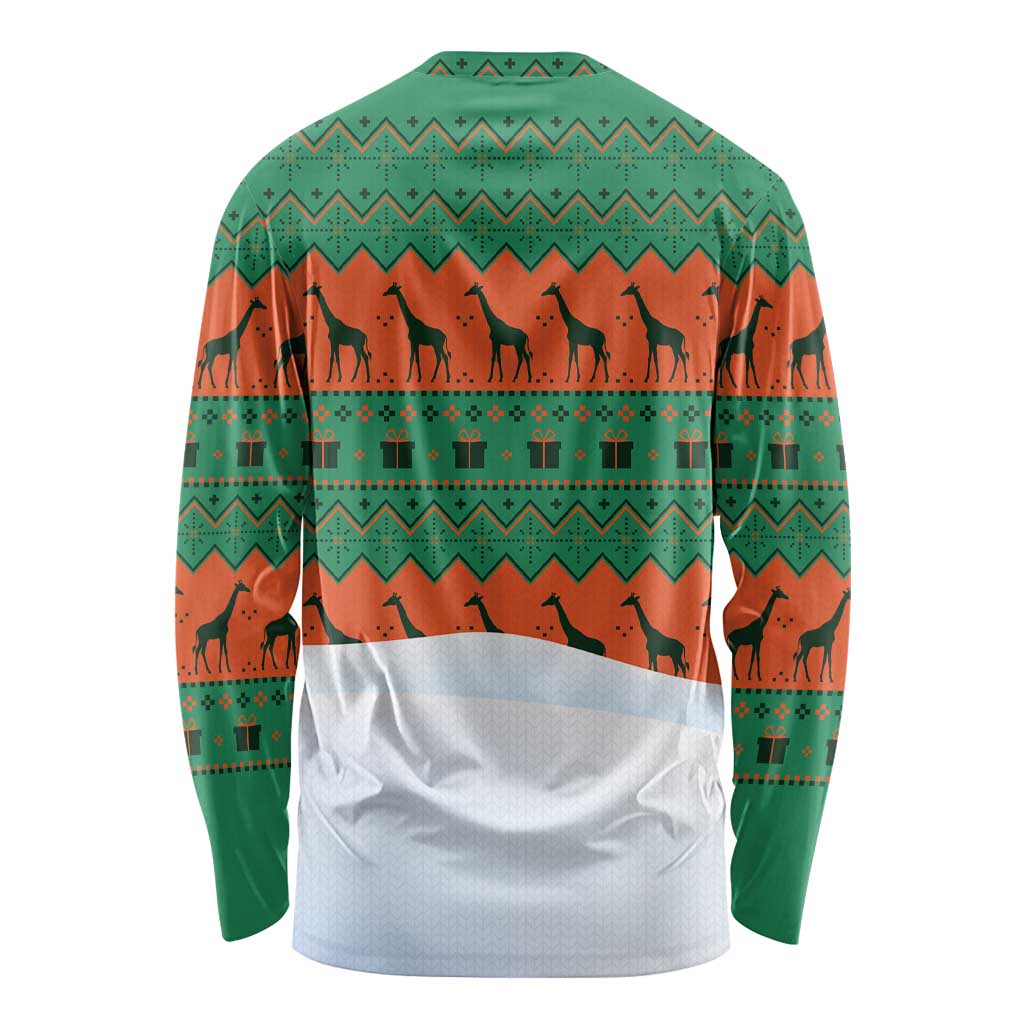 Giraffes Decorating Tree Gifts Long Sleeve Shirt with Orange Green Holiday Pattern Design - Wonder Print Shop