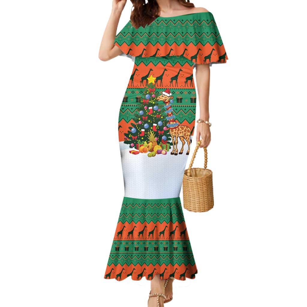 Giraffes Decorating Tree Gifts Mermaid Dress with Orange Green Holiday Pattern Design - Wonder Print Shop