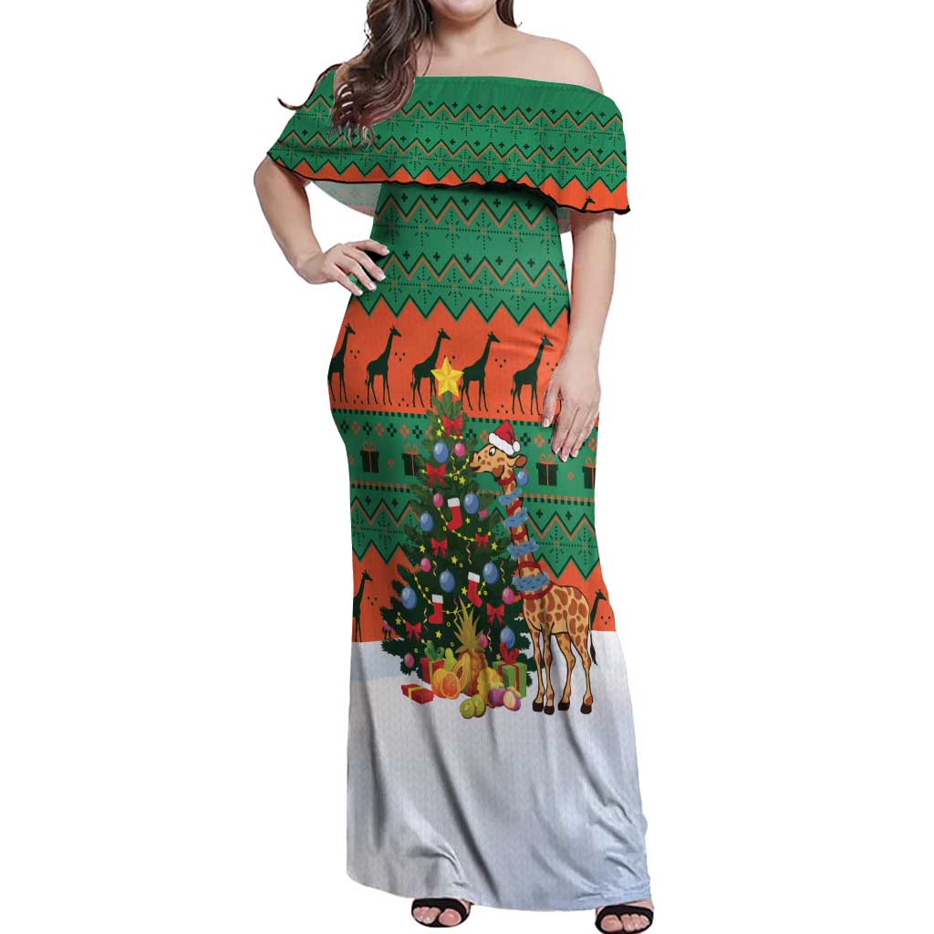 Giraffes Decorating Tree Gifts Off Shoulder Maxi Dress with Orange Green Holiday Pattern Design - Wonder Print Shop