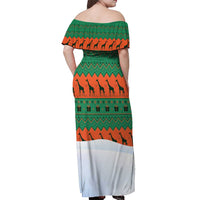 Giraffes Decorating Tree Gifts Off Shoulder Maxi Dress with Orange Green Holiday Pattern Design - Wonder Print Shop