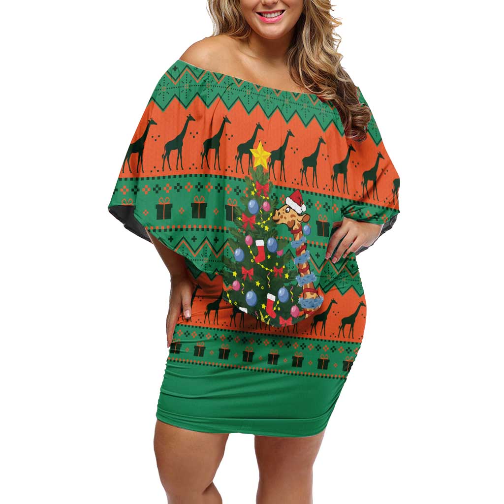 Giraffes Decorating Tree Gifts Off Shoulder Short Dress with Orange Green Holiday Pattern Design - Wonder Print Shop