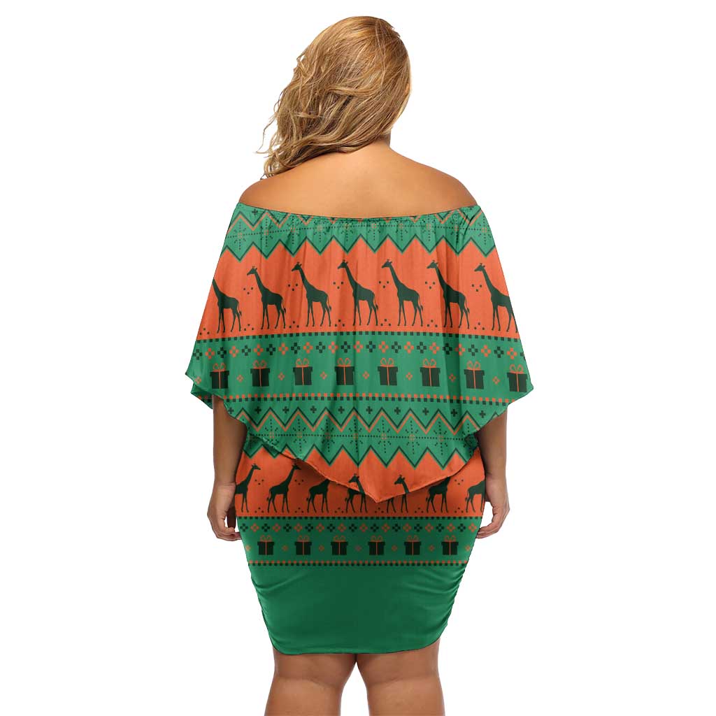 Giraffes Decorating Tree Gifts Off Shoulder Short Dress with Orange Green Holiday Pattern Design - Wonder Print Shop