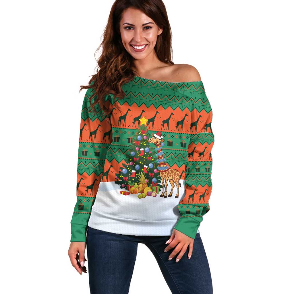 Giraffes Decorating Tree Gifts Off Shoulder Sweater with Orange Green Holiday Pattern Design - Wonder Print Shop