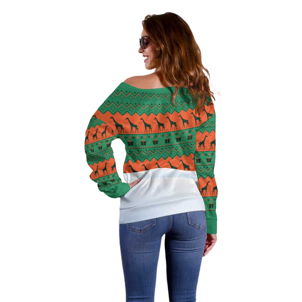 Giraffes Decorating Tree Gifts Off Shoulder Sweater with Orange Green Holiday Pattern Design - Wonder Print Shop