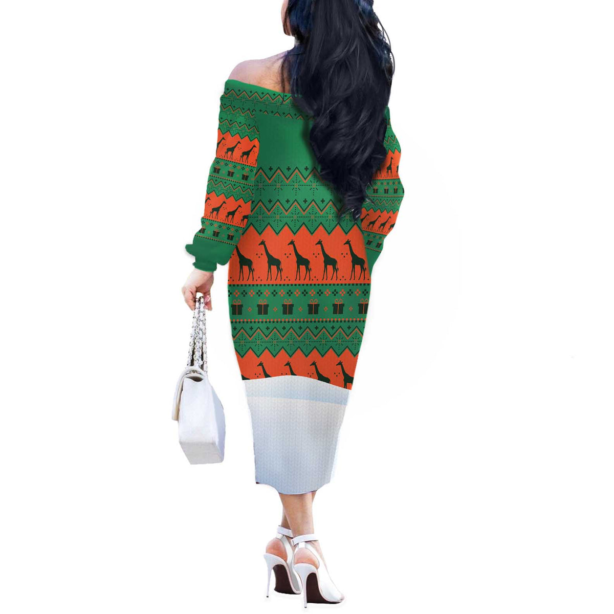 Giraffes Decorating Tree Gifts Off The Shoulder Long Sleeve Dress with Orange Green Holiday Pattern Design - Wonder Print Shop