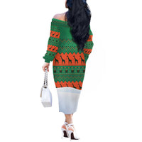 Giraffes Decorating Tree Gifts Off The Shoulder Long Sleeve Dress with Orange Green Holiday Pattern Design - Wonder Print Shop