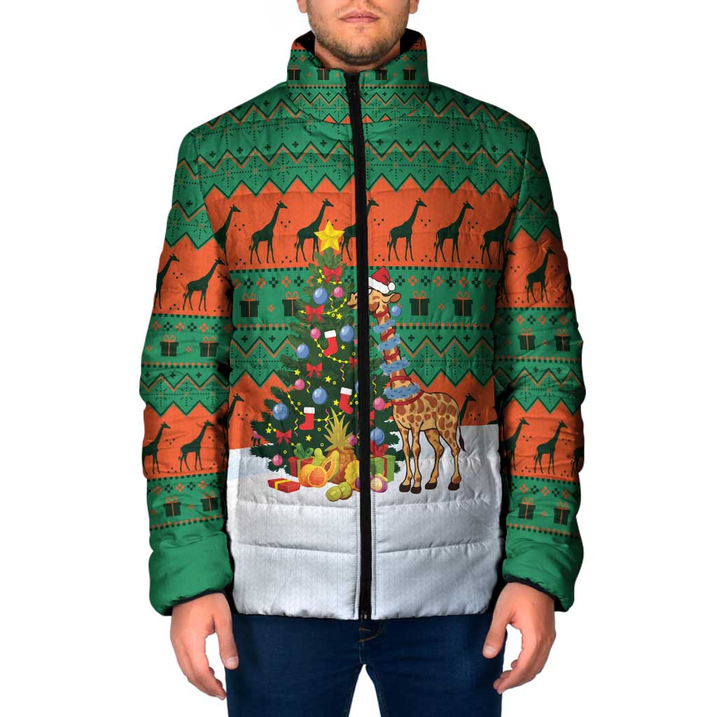 Giraffes Decorating Tree Gifts Padded Jacket with Orange Green Holiday Pattern Design - Wonder Print Shop