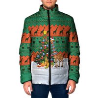 Giraffes Decorating Tree Gifts Padded Jacket with Orange Green Holiday Pattern Design - Wonder Print Shop
