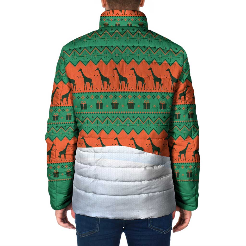 Giraffes Decorating Tree Gifts Padded Jacket with Orange Green Holiday Pattern Design - Wonder Print Shop
