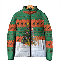 Giraffes Decorating Tree Gifts Padded Jacket with Orange Green Holiday Pattern Design - Wonder Print Shop