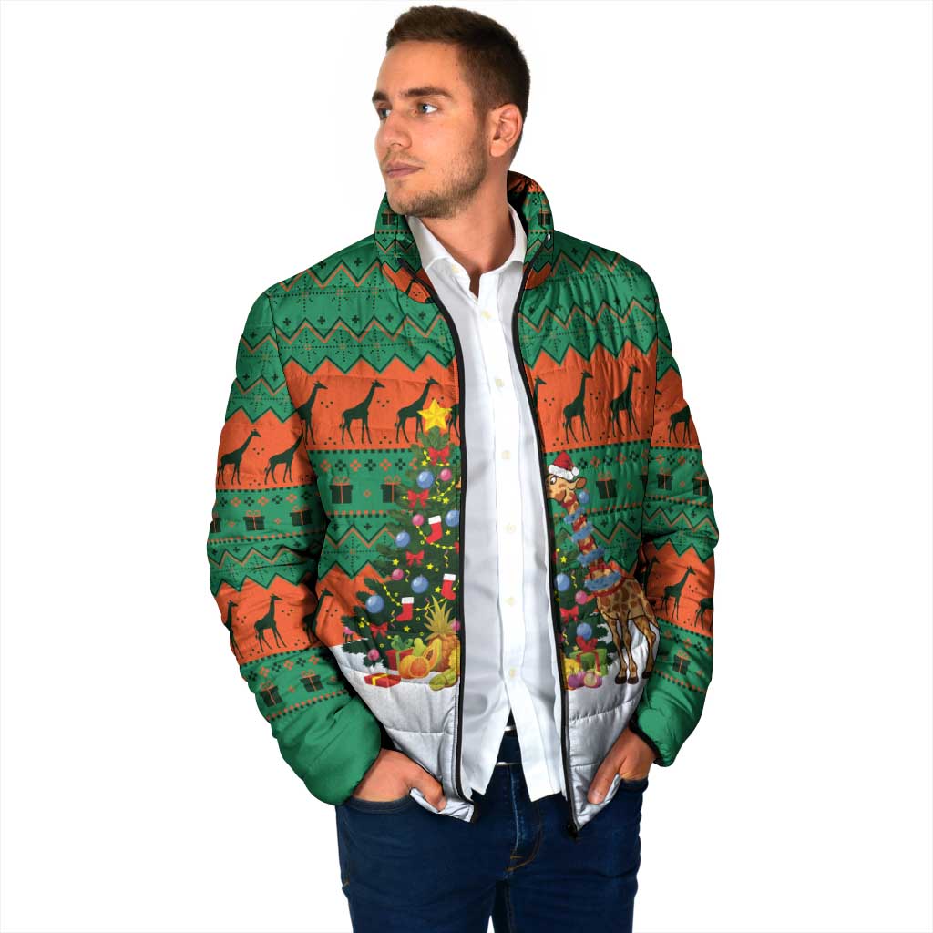 Giraffes Decorating Tree Gifts Padded Jacket with Orange Green Holiday Pattern Design - Wonder Print Shop
