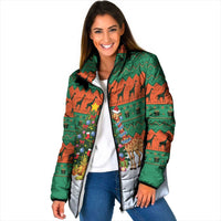 Giraffes Decorating Tree Gifts Padded Jacket with Orange Green Holiday Pattern Design - Wonder Print Shop