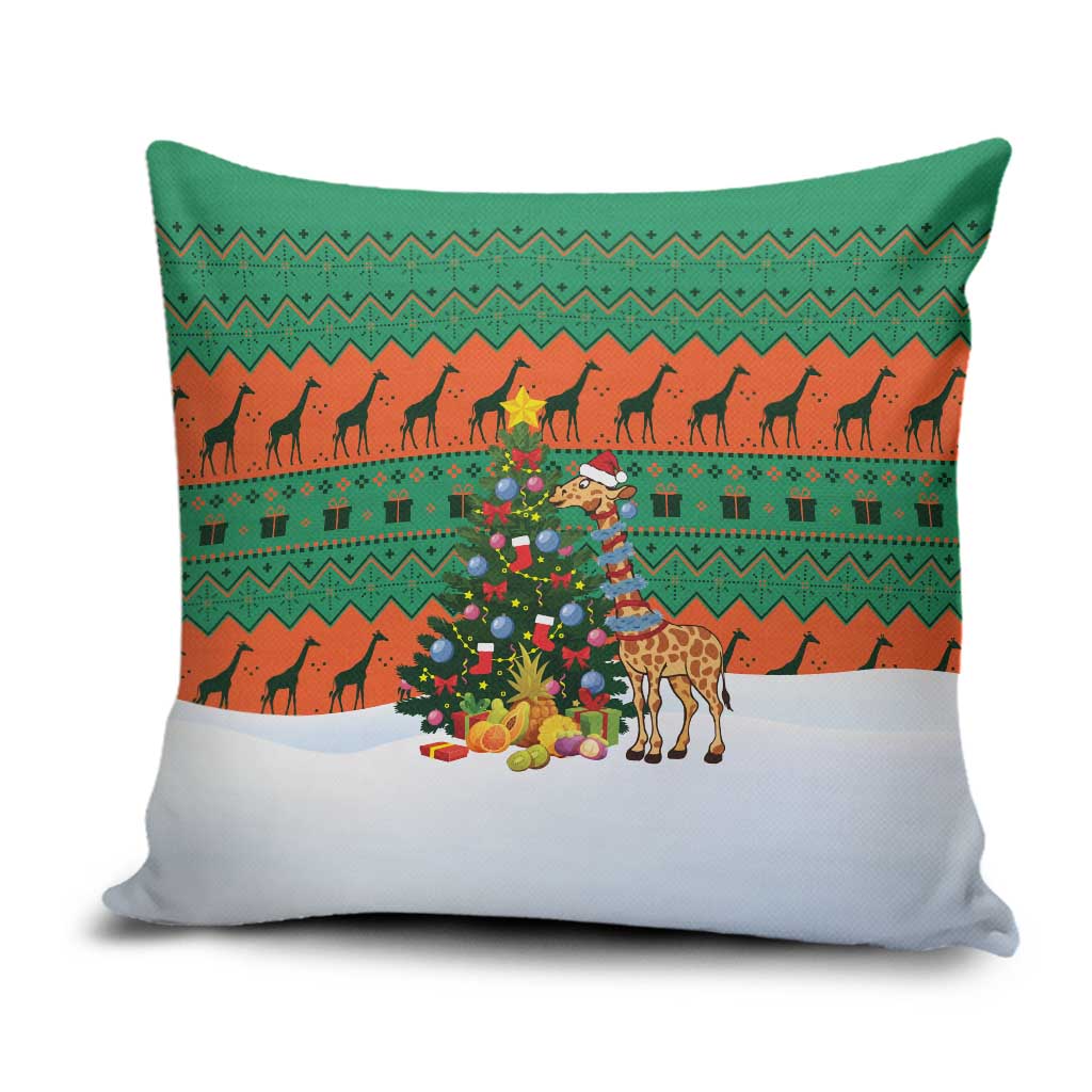 Giraffes Decorating Tree Gifts Pillow Cover with Orange Green Holiday Pattern Design - Wonder Print Shop