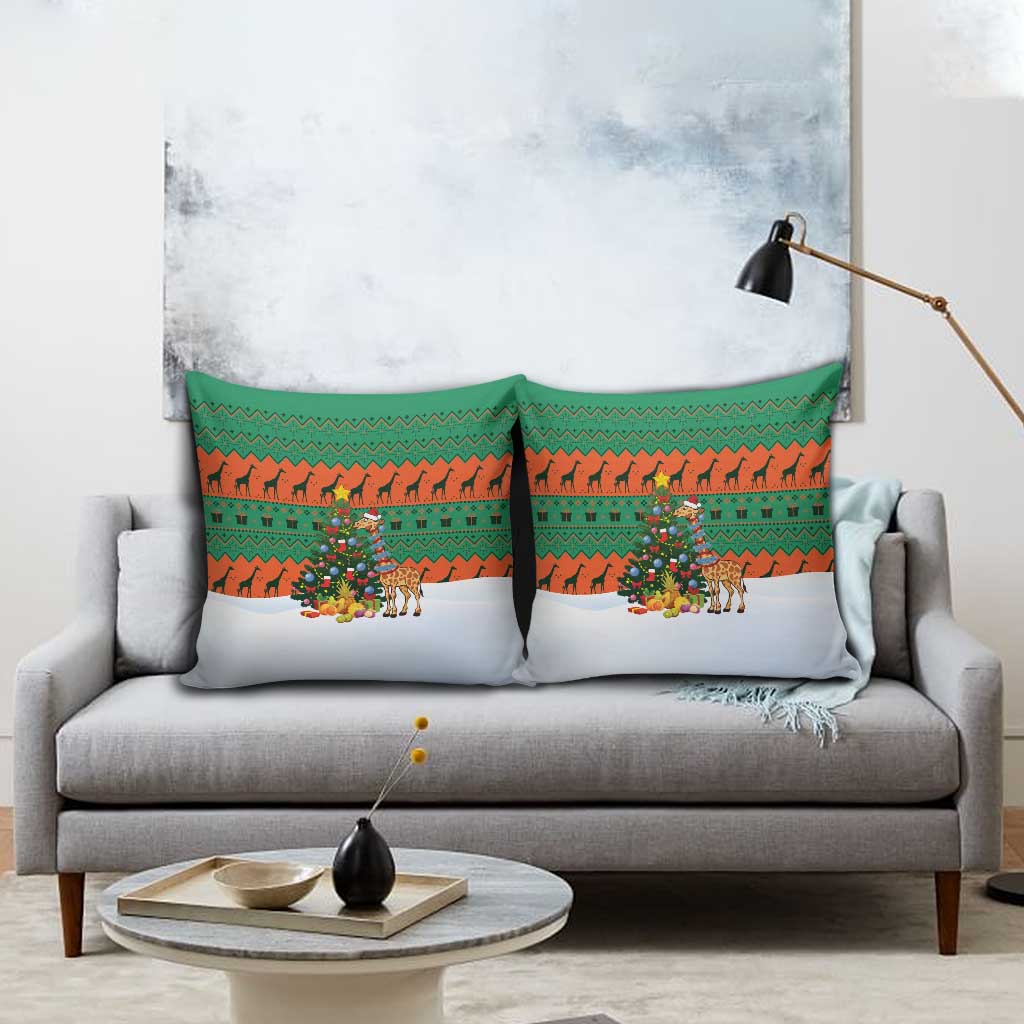 Giraffes Decorating Tree Gifts Pillow Cover with Orange Green Holiday Pattern Design - Wonder Print Shop