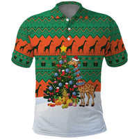 Giraffes Decorating Tree Gifts Polo Shirt with Orange Green Holiday Pattern Design - Wonder Print Shop
