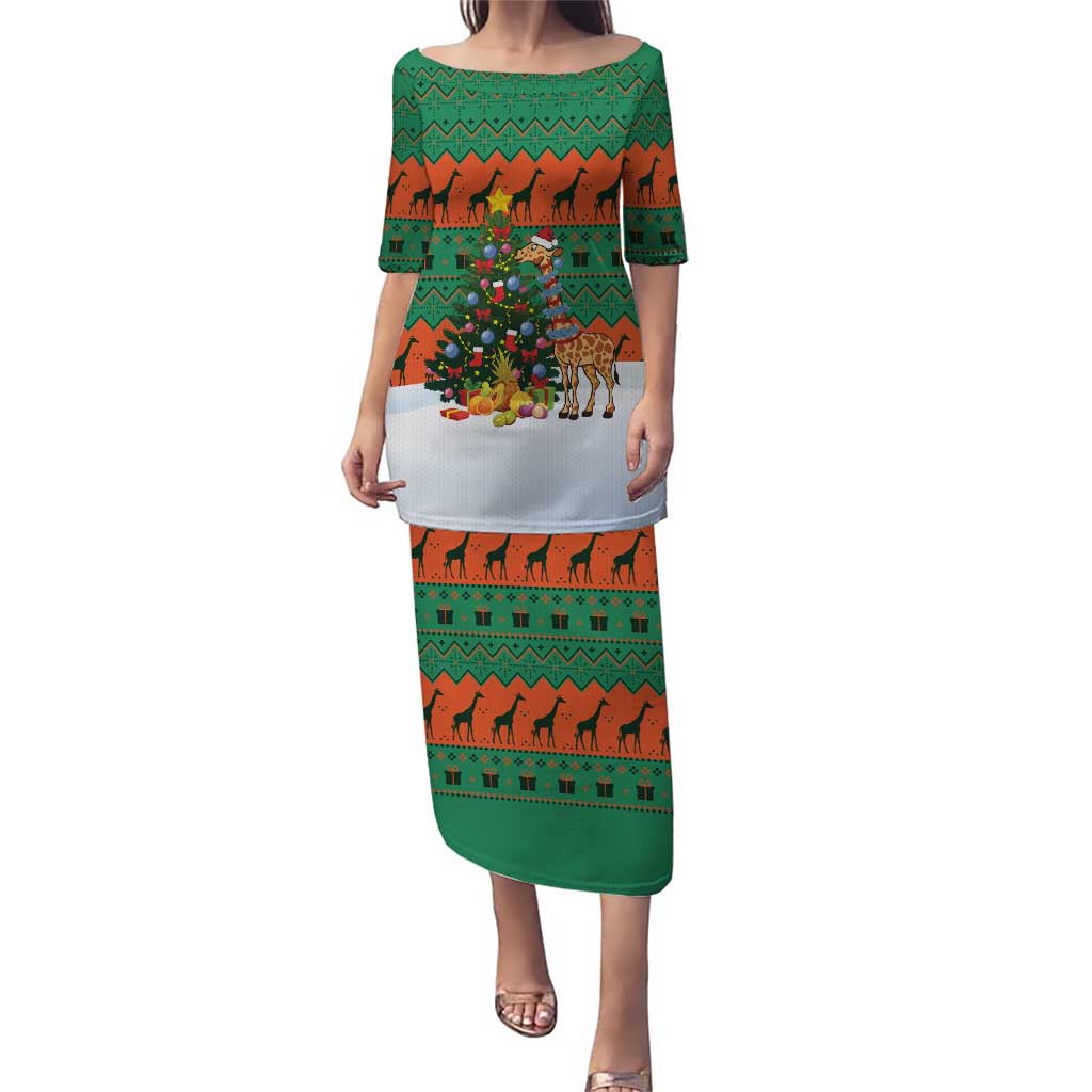 Giraffes Decorating Tree Gifts Puletasi with Orange Green Holiday Pattern Design - Wonder Print Shop