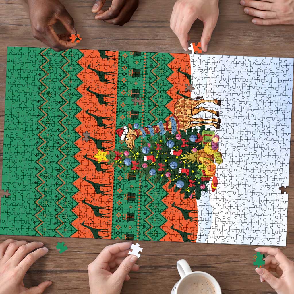 Giraffes Decorating Tree Gifts Puzzle with Orange Green Holiday Pattern Design - Wonder Print Shop