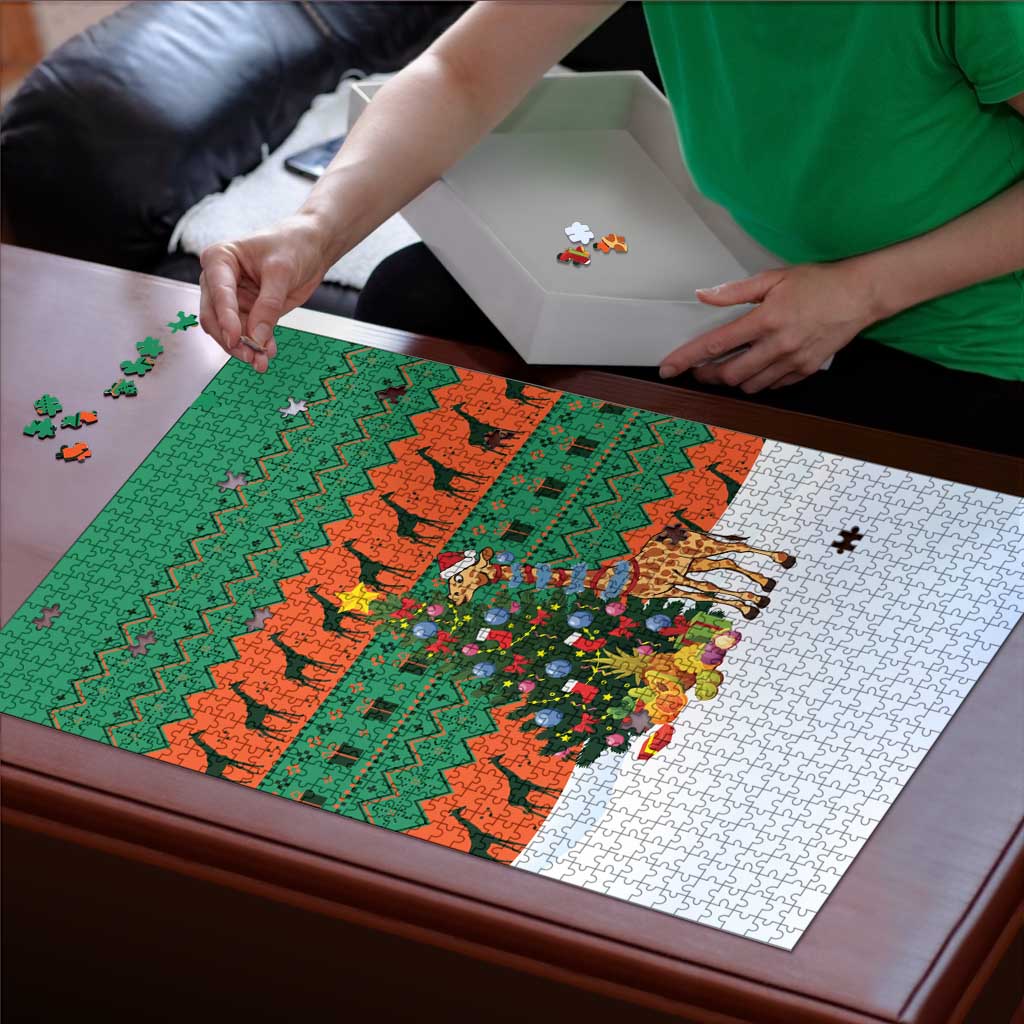 Giraffes Decorating Tree Gifts Puzzle with Orange Green Holiday Pattern Design - Wonder Print Shop