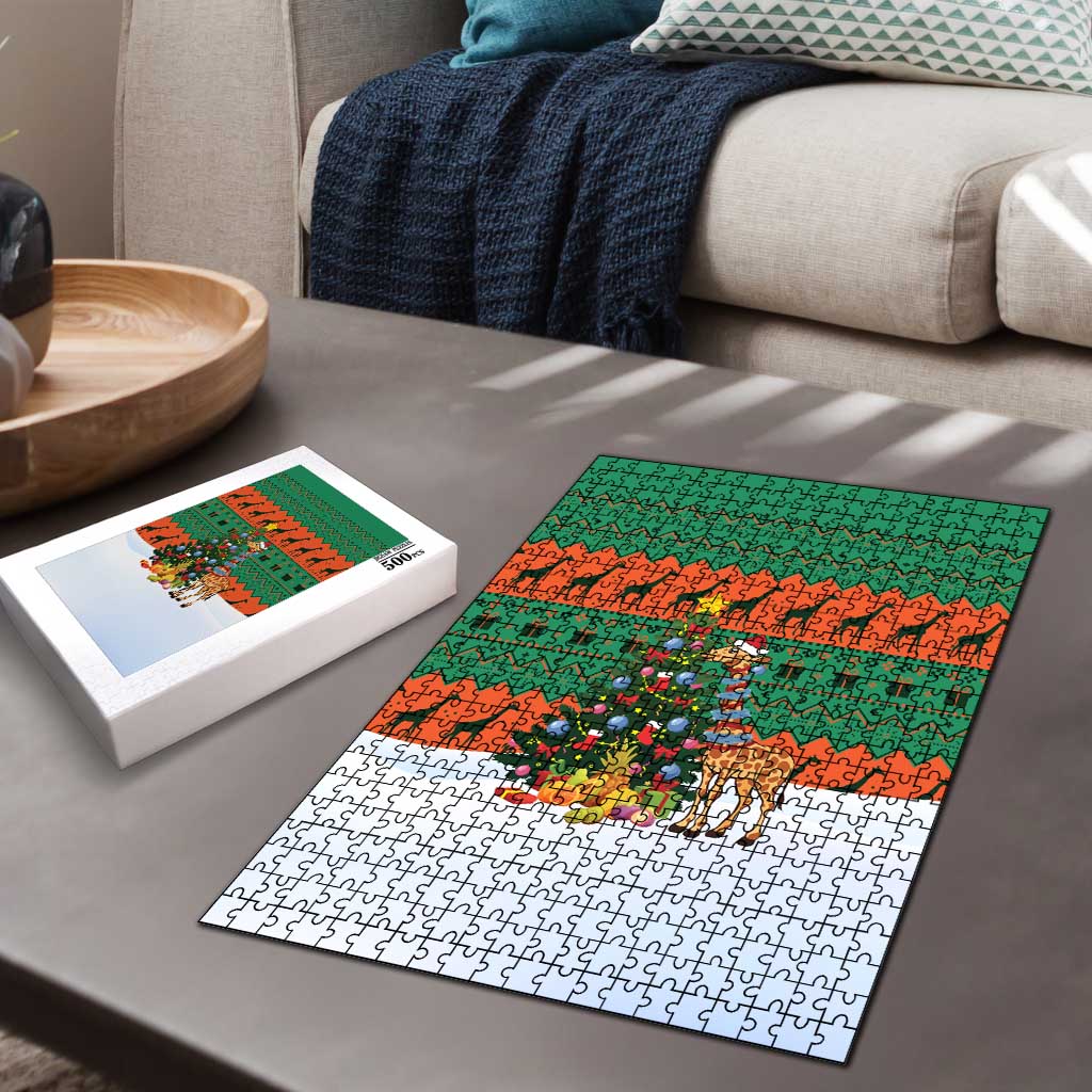 Giraffes Decorating Tree Gifts Puzzle with Orange Green Holiday Pattern Design - Wonder Print Shop
