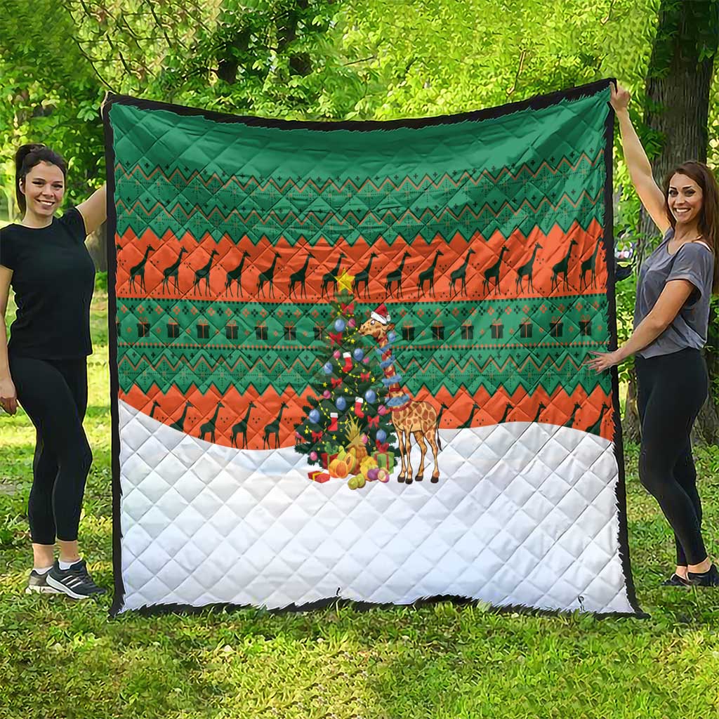 Giraffes Decorating Tree Gifts Quilt with Orange Green Holiday Pattern Design - Wonder Print Shop