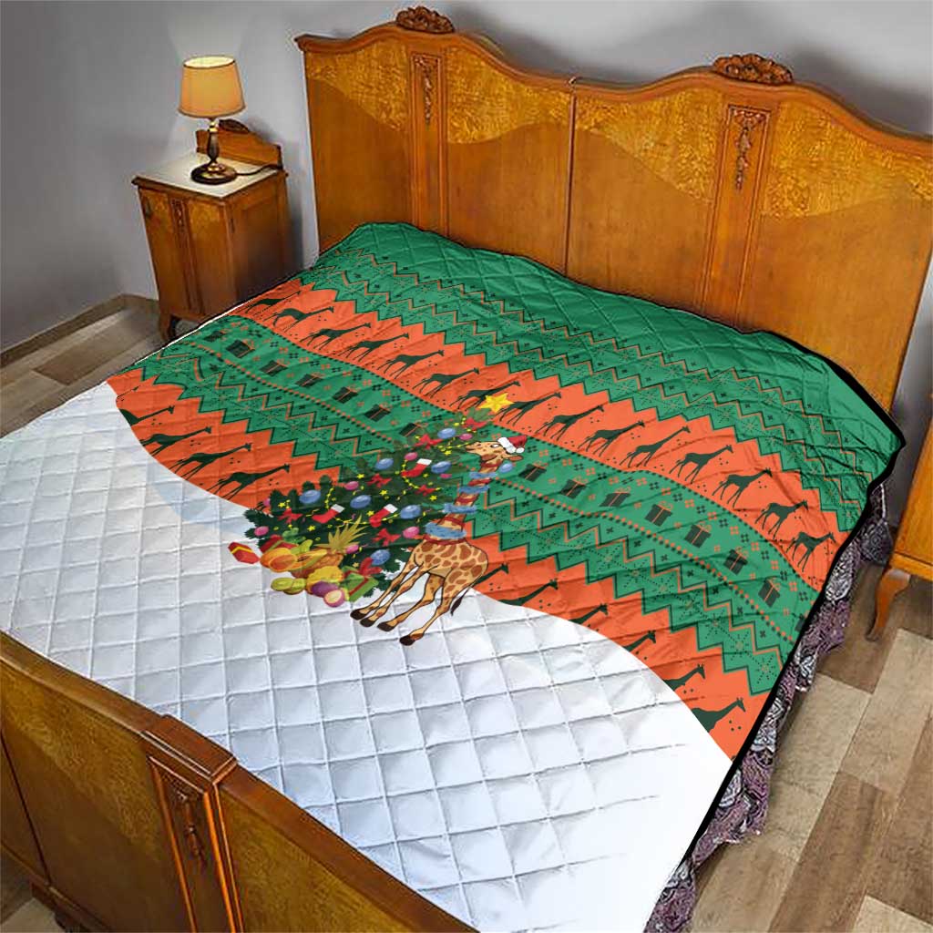 Giraffes Decorating Tree Gifts Quilt with Orange Green Holiday Pattern Design - Wonder Print Shop
