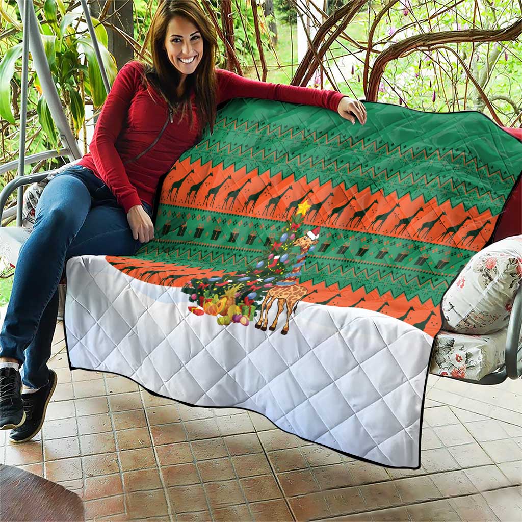 Giraffes Decorating Tree Gifts Quilt with Orange Green Holiday Pattern Design - Wonder Print Shop