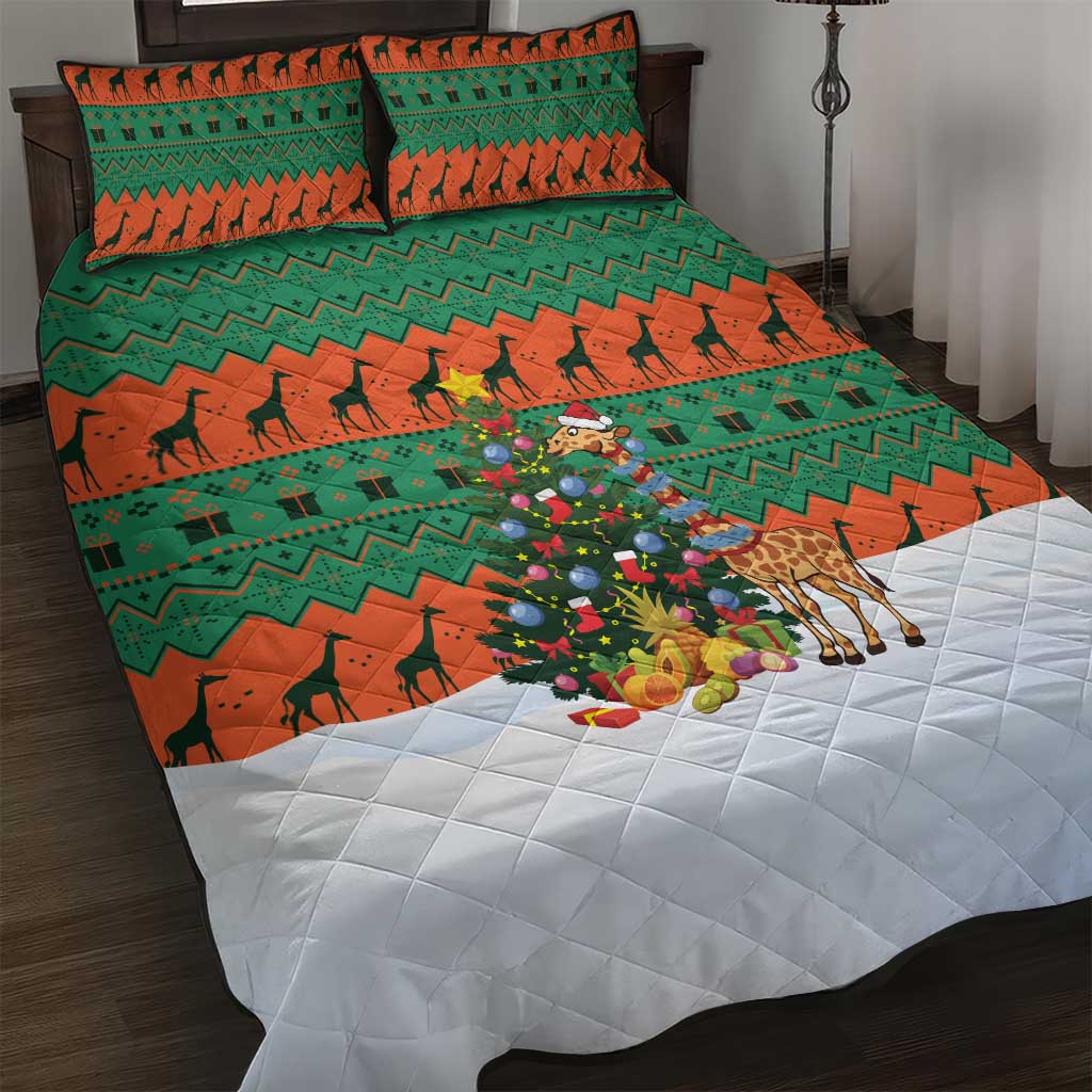 Giraffes Decorating Tree Gifts Quilt Bed Set with Orange Green Holiday Pattern Design - Wonder Print Shop