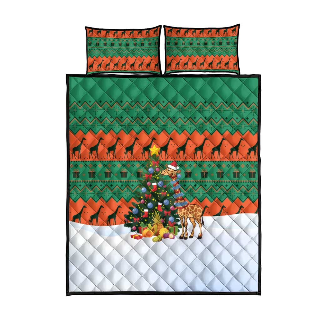 Giraffes Decorating Tree Gifts Quilt Bed Set with Orange Green Holiday Pattern Design - Wonder Print Shop