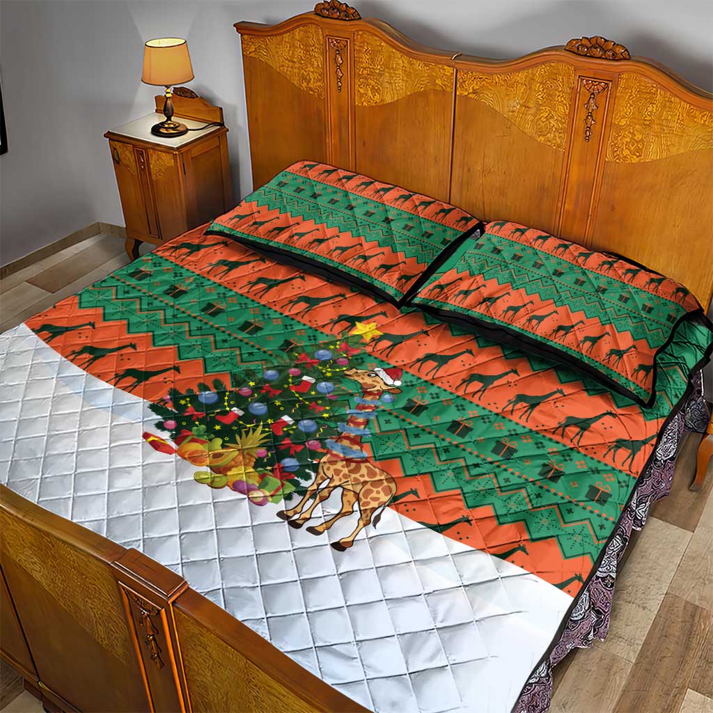 Giraffes Decorating Tree Gifts Quilt Bed Set with Orange Green Holiday Pattern Design - Wonder Print Shop