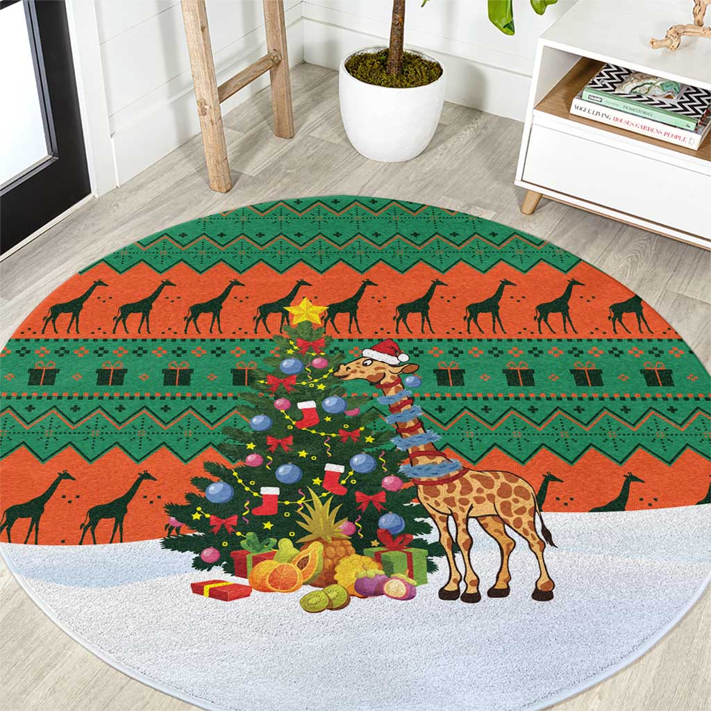 Giraffes Decorating Tree Gifts Round Carpet with Orange Green Holiday Pattern Design - Wonder Print Shop