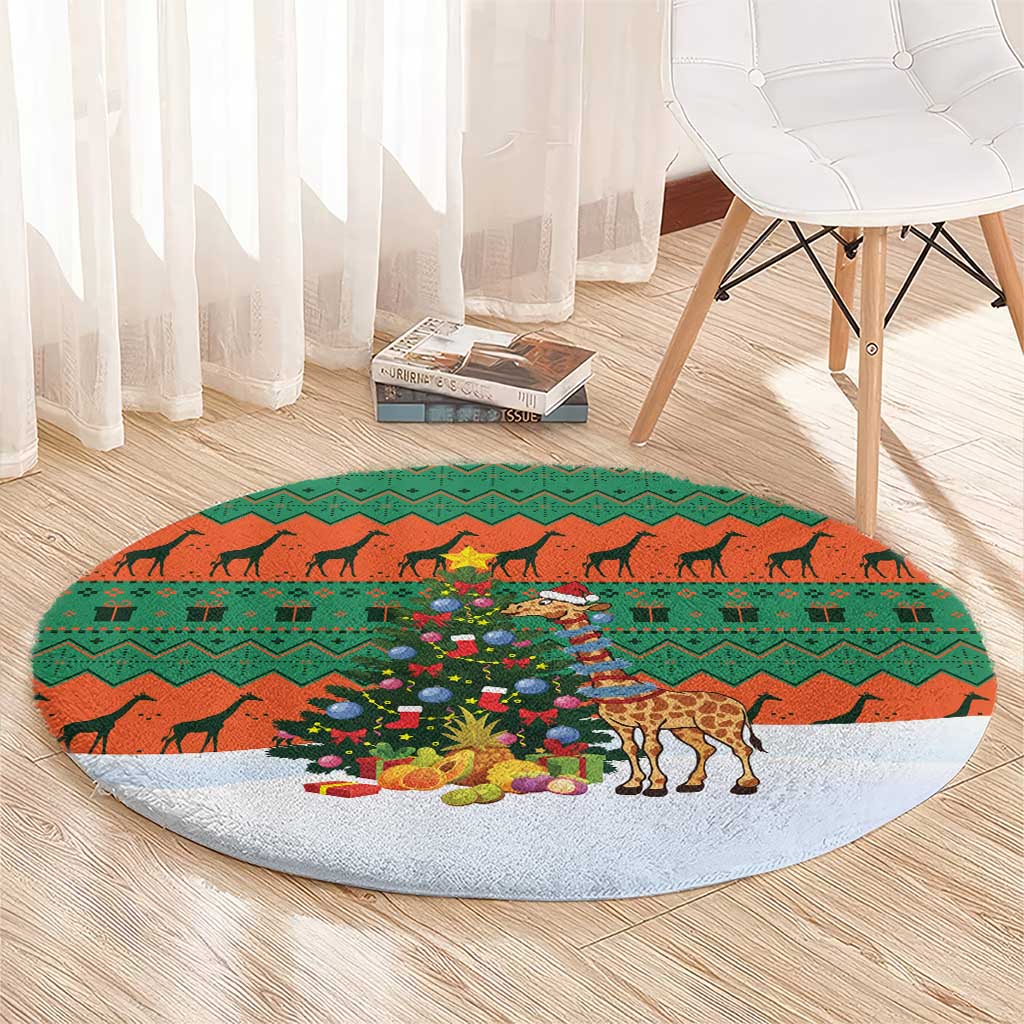 Giraffes Decorating Tree Gifts Round Carpet with Orange Green Holiday Pattern Design - Wonder Print Shop