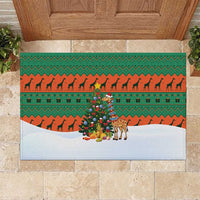 Giraffes Decorating Tree Gifts Rubber Doormat with Orange Green Holiday Pattern Design - Wonder Print Shop