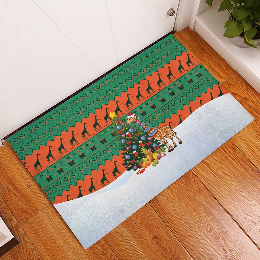Giraffes Decorating Tree Gifts Rubber Doormat with Orange Green Holiday Pattern Design - Wonder Print Shop