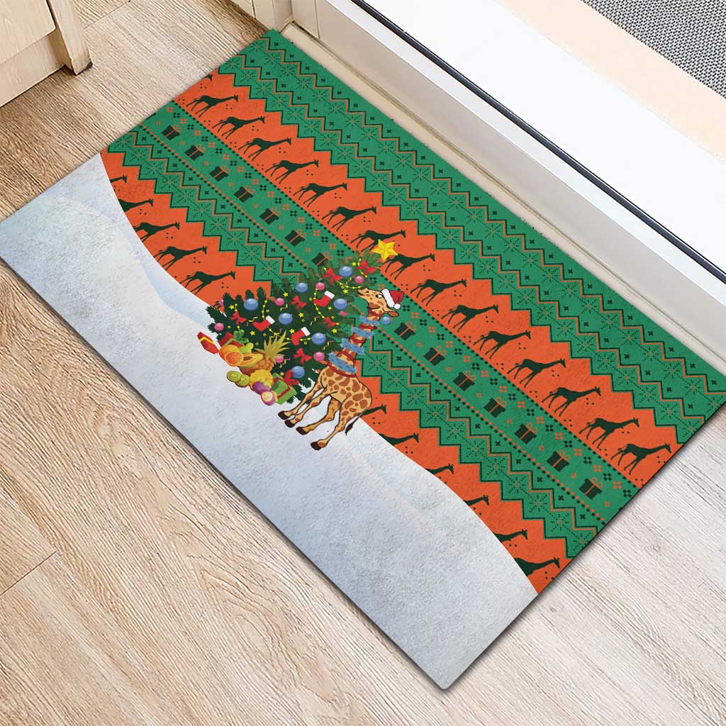 Giraffes Decorating Tree Gifts Rubber Doormat with Orange Green Holiday Pattern Design - Wonder Print Shop