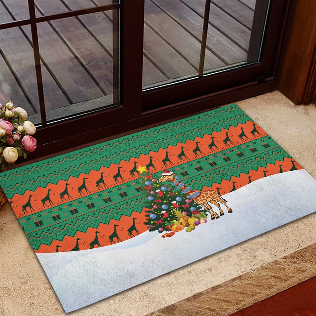 Giraffes Decorating Tree Gifts Rubber Doormat with Orange Green Holiday Pattern Design - Wonder Print Shop