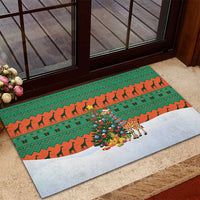 Giraffes Decorating Tree Gifts Rubber Doormat with Orange Green Holiday Pattern Design - Wonder Print Shop