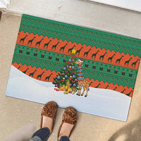 Giraffes Decorating Tree Gifts Rubber Doormat with Orange Green Holiday Pattern Design - Wonder Print Shop