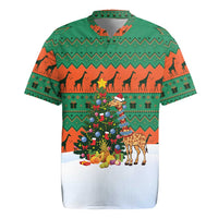 Giraffes Decorating Tree Gifts Rugby Jersey with Orange Green Holiday Pattern Design - Wonder Print Shop